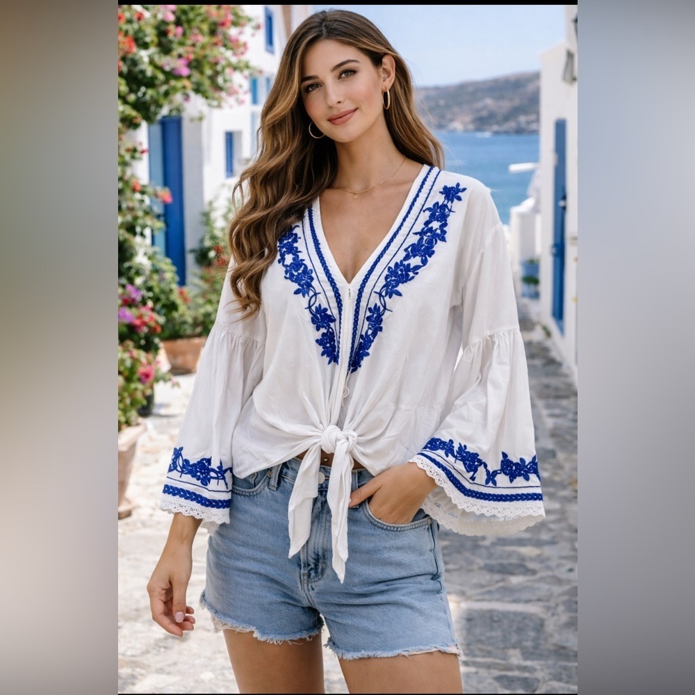 NWT Love Stitch Blue Embroidered Boho Blouse | Coastal Greek Peasant Top
